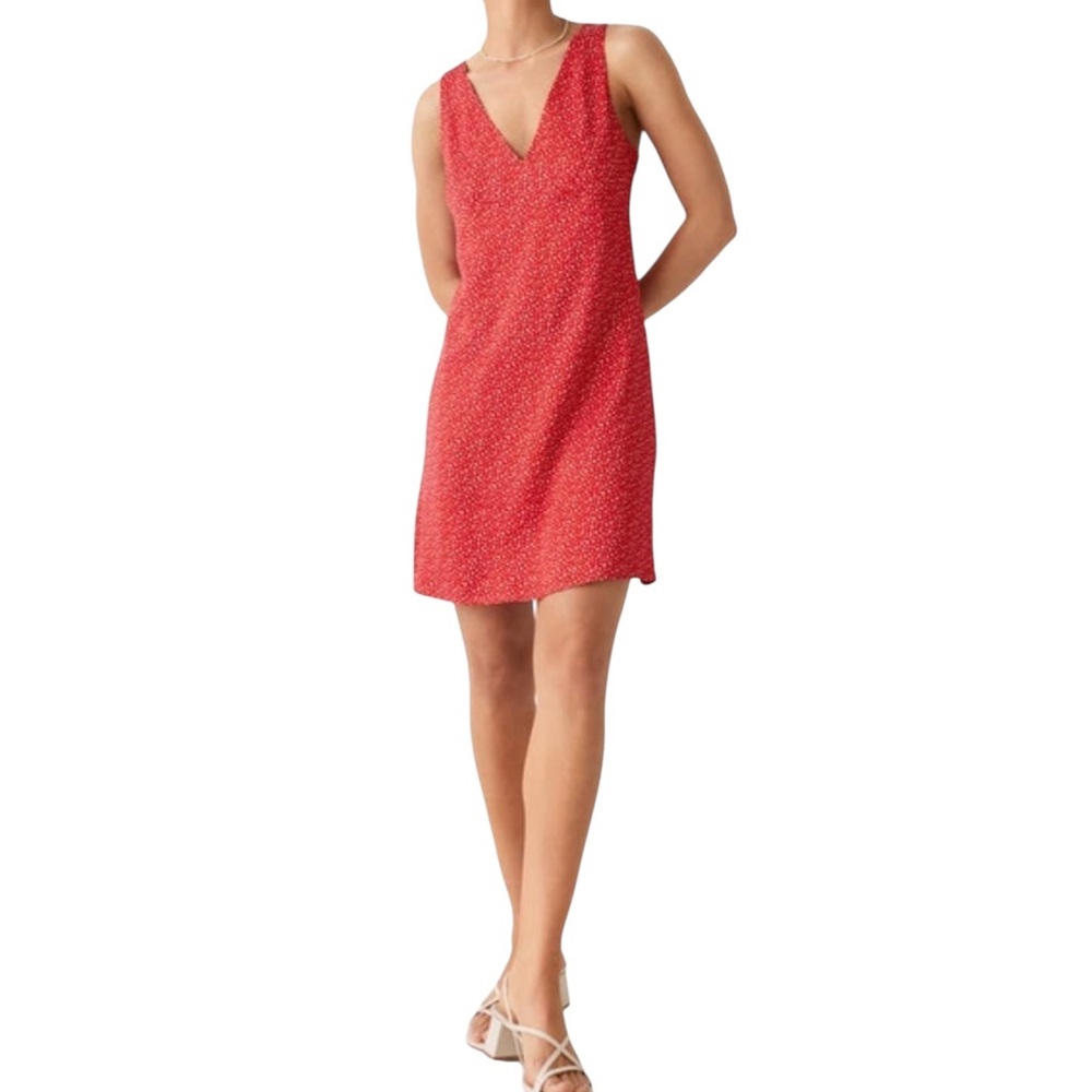 & Other Stories Red/Orange White Ditsy Floral Sleeveless V-neck Satin Dress 6
